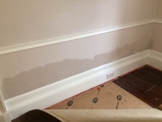 Damp tide marks on lower wall before treatment