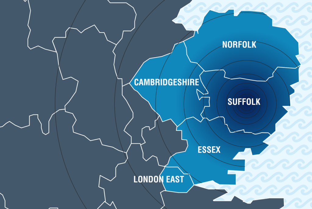 KDS Property Preservation service area map covering Suffolk, Norfolk, Essex, Cambridgeshire and London East