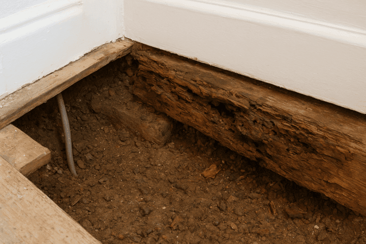 Wet rot damage to timber sole plate at floor level