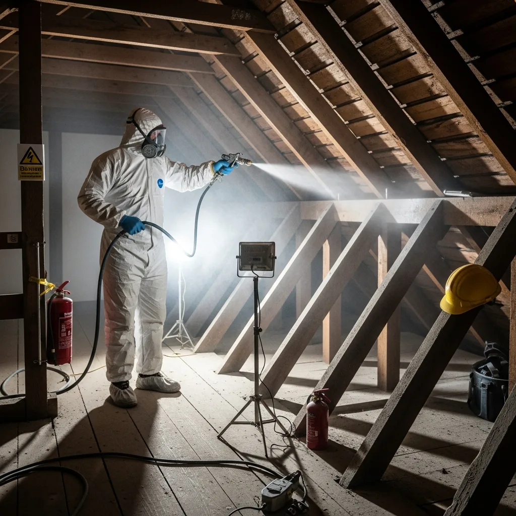 KDS Property Preservation technician applying woodworm treatment to floor joists