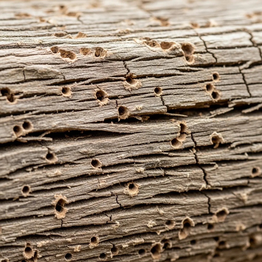 Close-up of woodworm exit holes and frass in a timber floor joist