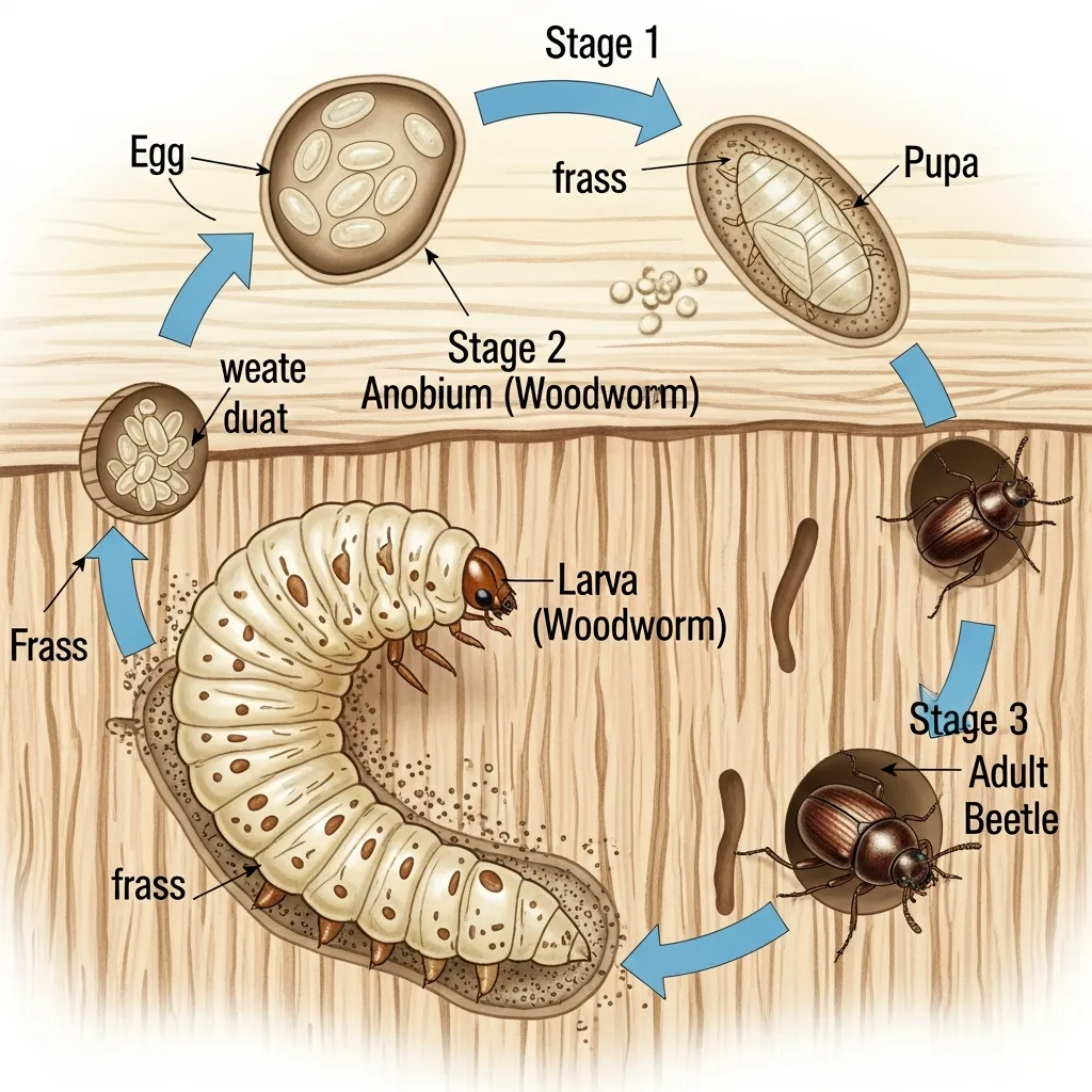 Diagram showing the four-stage lifecycle of the common furniture beetle responsible for woodworm